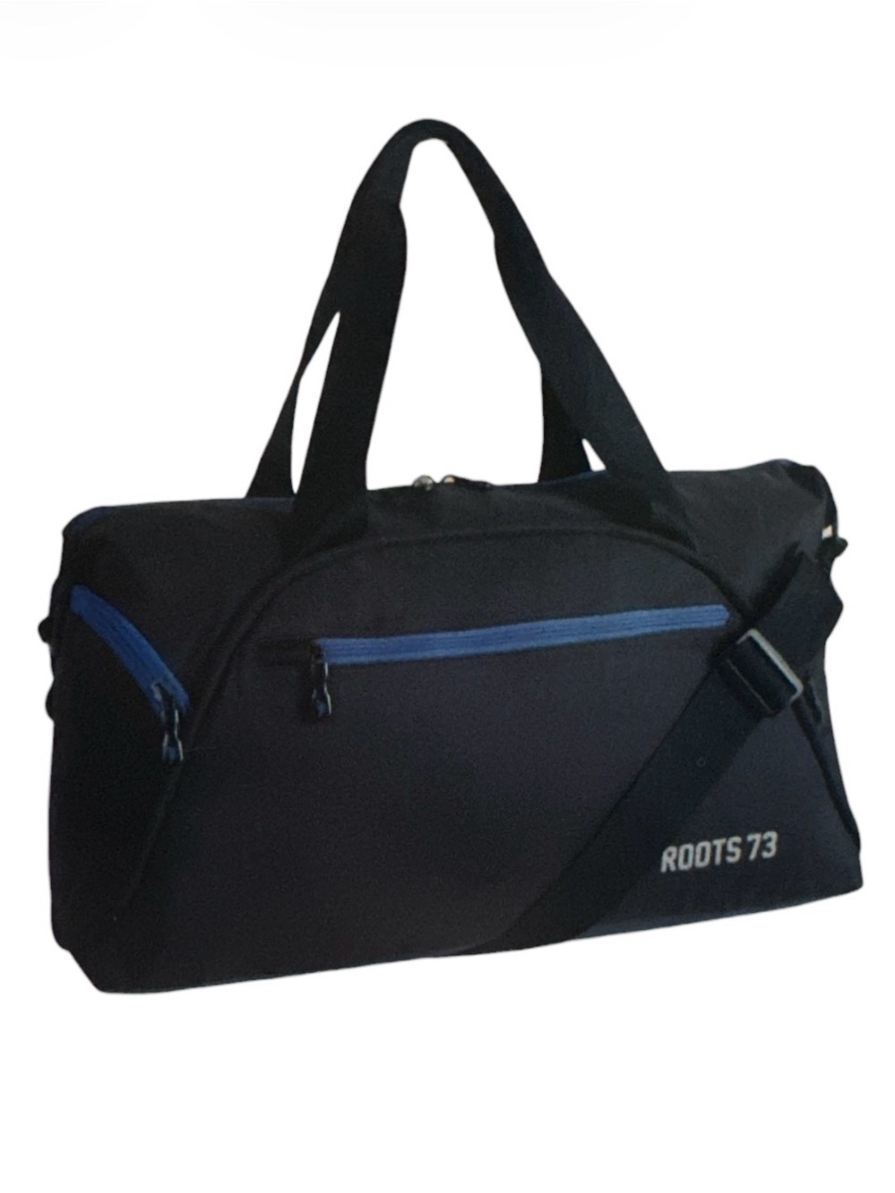 Roots Black Duffel with Blue Zipper Accents